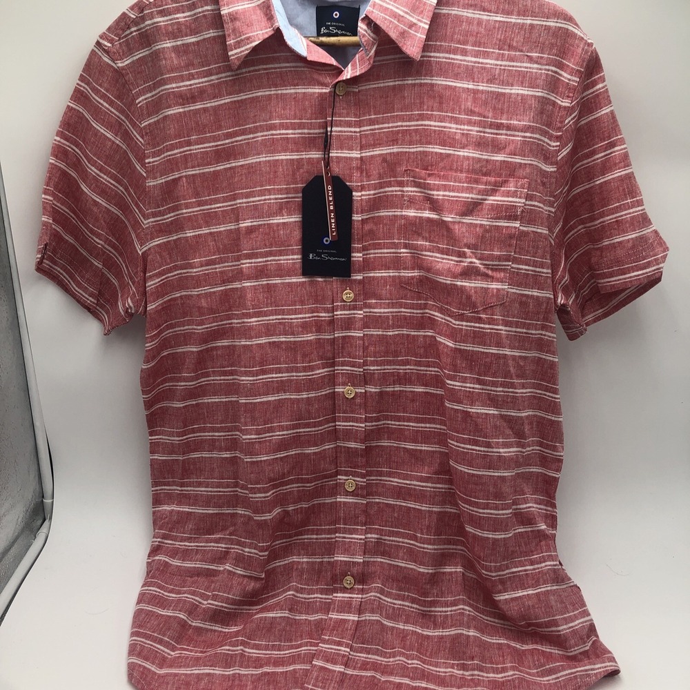 Ben Sherman Linen Blend Red Button Up Stripe Shirt Size Large‎ New With Tags